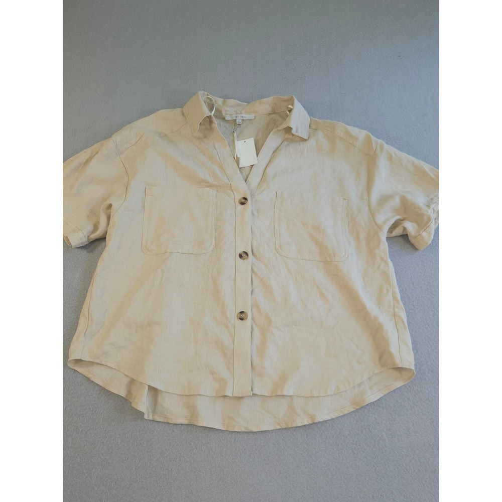 Love Tree Button Down Shirt Womens Large Beige Linen Blend Short Sleeve Pocket